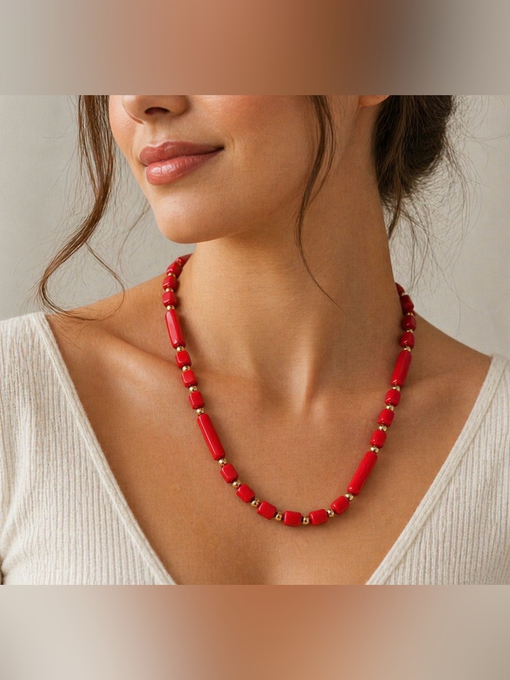 Vintage Trifari Red Lucite Gold Tone Bead Necklace.